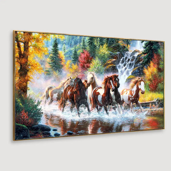 Eurotex Seven Running Horses In Water, Canvas Printed, Big Panoramic Wall Painting