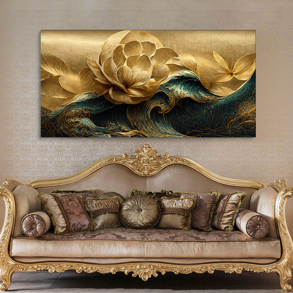 Eurotex Golden Flower And Waves, Canvas Print, Modern Wall Painting