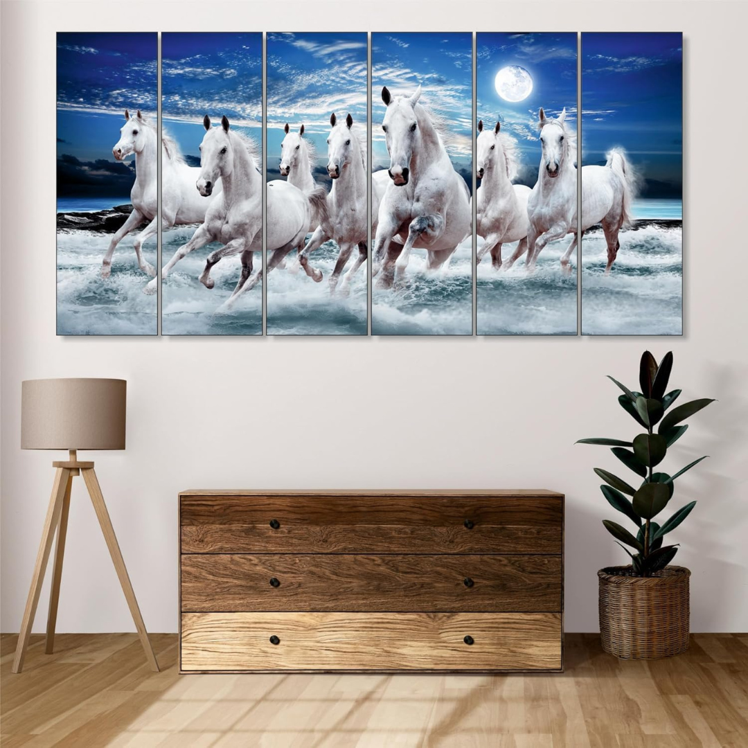 Seven Horses Painting, 6 Panel Vastu Wall Art for Home (30x50 In)