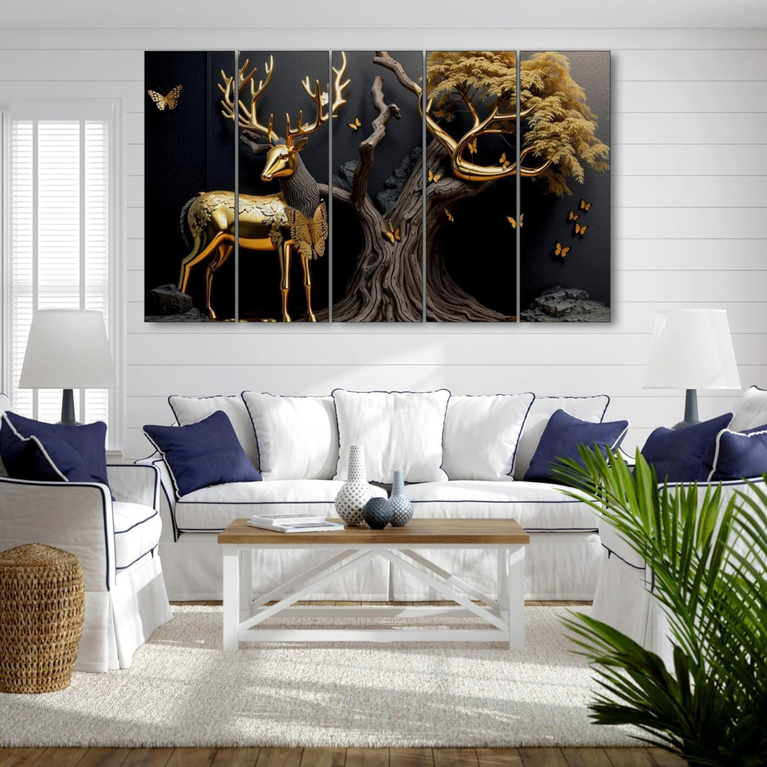 Golden Deer Painting, 5 Panel Wall Art for Living Room Decor (30x50 In)