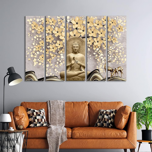 Meditation Buddha Painting, 5 Panel Wall Art for Living Room Decor (30x50 In)