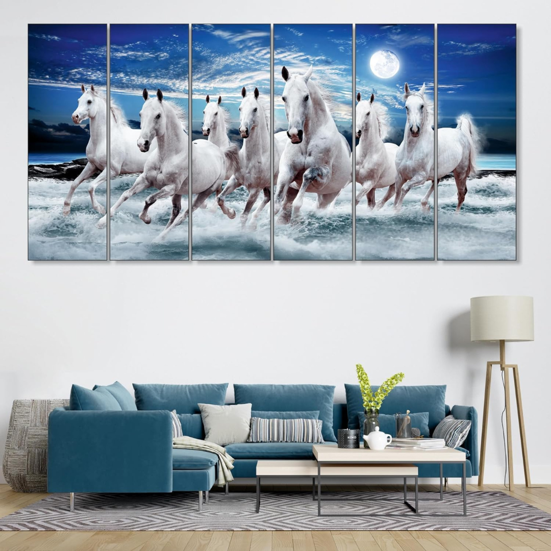 Seven Horses Painting, 6 Panel Vastu Wall Art for Home (30x50 In)