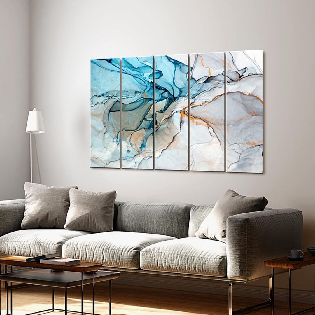 Blue and White Painting, 5 Panel Wall Art for Living Room Decor (27x48 In)