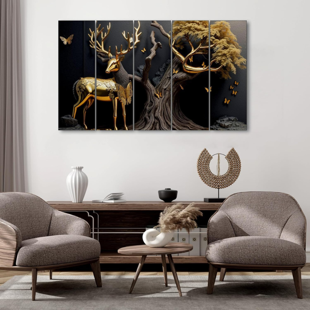 Golden Deer Painting, 5 Panel Wall Art for Living Room Decor (30x50 In)