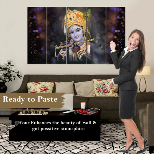 Krishna with flute Painting, 5 Panel Wall Art for Room (27x48 In)