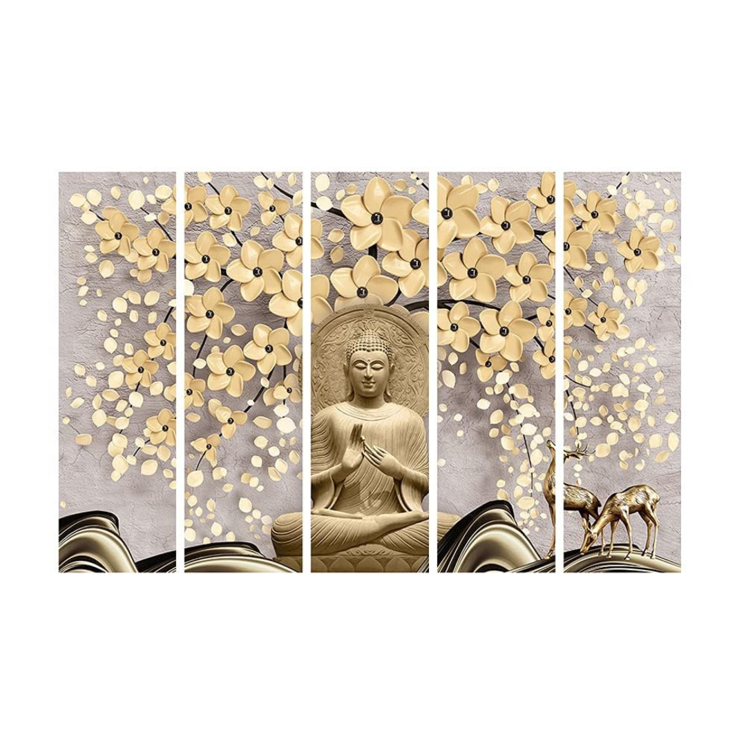 Meditation Buddha Painting, 5 Panel Wall Art for Living Room Decor (30x50 In)