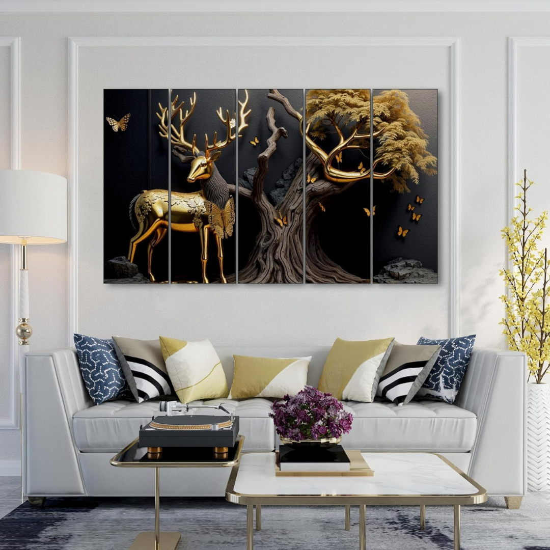 Golden Deer Painting, 5 Panel Wall Art for Living Room Decor (30x50 In)