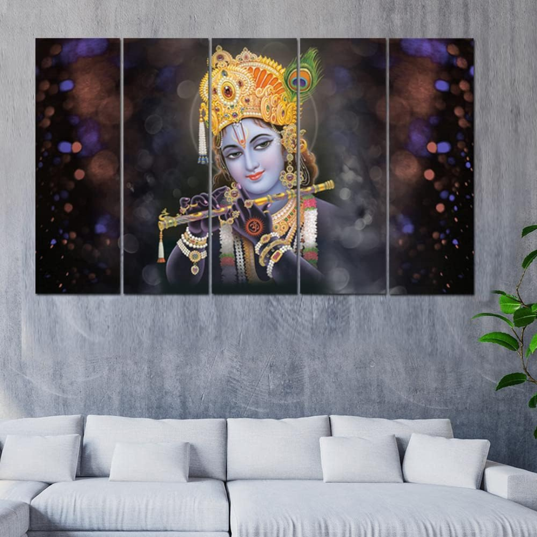 Krishna with flute Painting, 5 Panel Wall Art for Room (27x48 In)