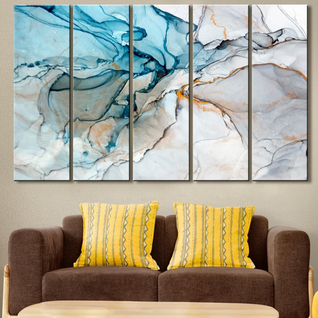 Blue and White Painting, 5 Panel Wall Art for Living Room Decor (27x48 In)