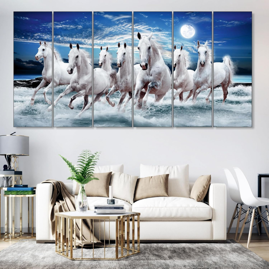 Seven Horses Painting, 6 Panel Vastu Wall Art for Home (30x50 In)