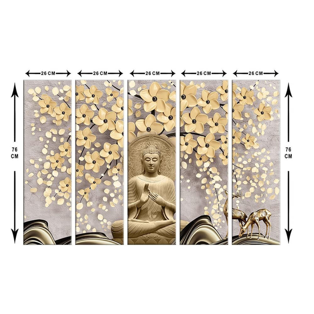 Meditation Buddha Painting, 5 Panel Wall Art for Living Room Decor (30x50 In)