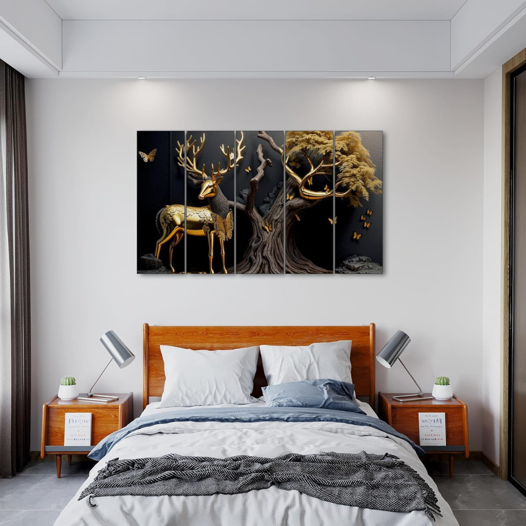 Golden Deer Painting, 5 Panel Wall Art for Living Room Decor (30x50 In)