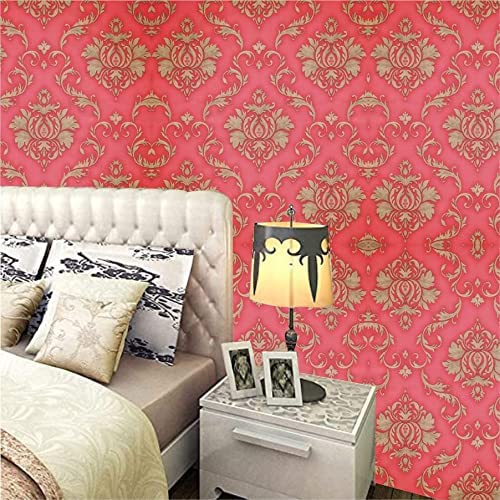 Eurotex Self Adhesive Wallpaper Damask Design Red Golden, Peel and Stick -45 x 300cm, (18in x118in) Eurotex