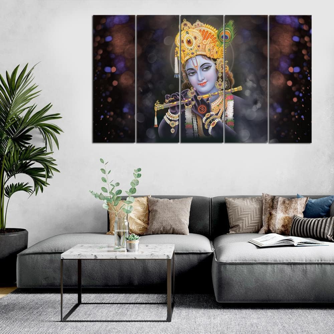 Krishna with flute Painting, 5 Panel Wall Art for Room (27x48 In)