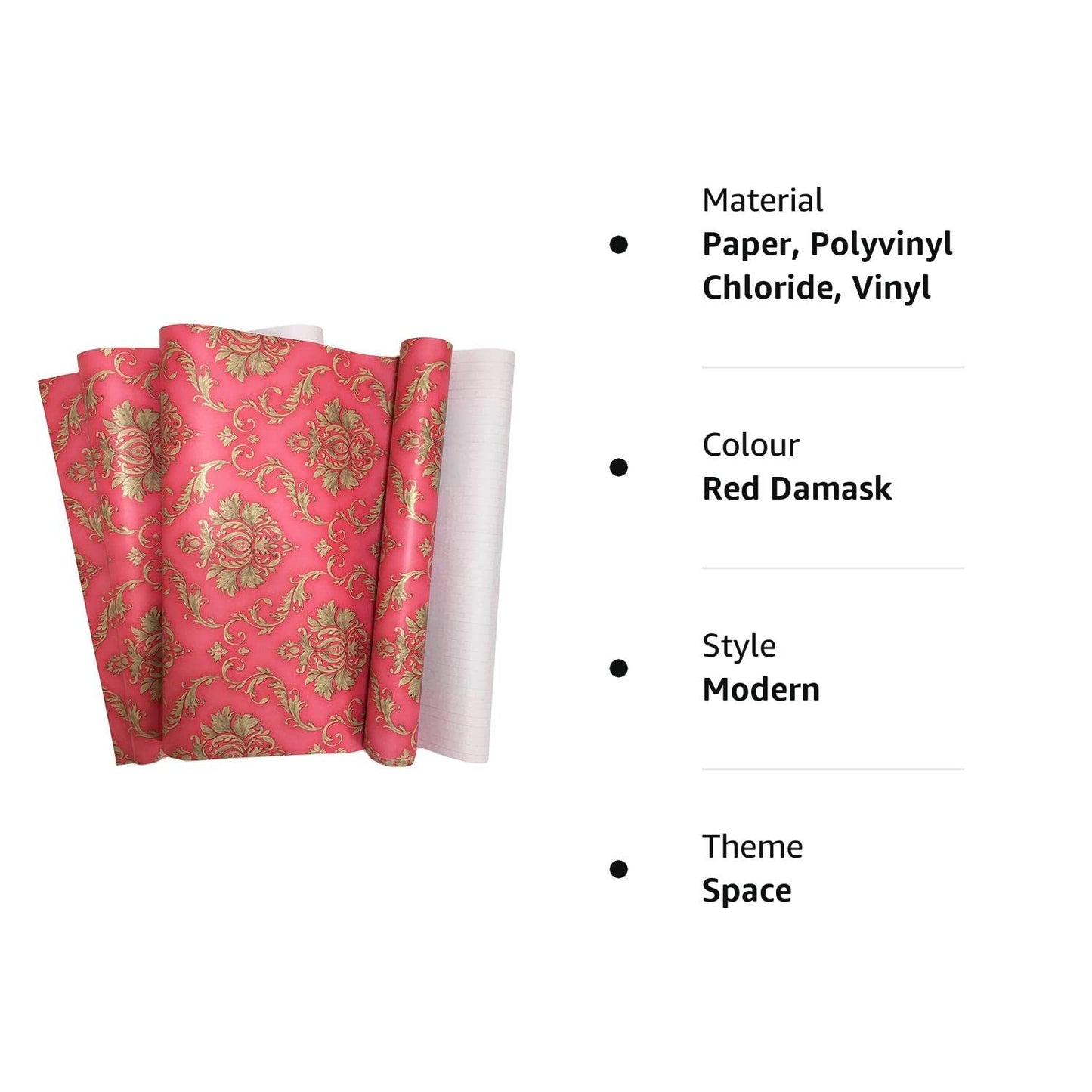 Eurotex Self Adhesive Wallpaper Damask Design Red Golden, Peel and Stick -45 x 300cm, (18in x118in) Eurotex