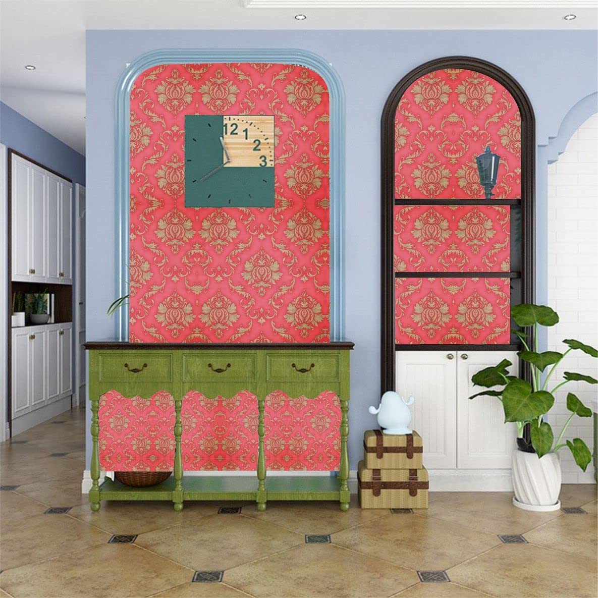 Eurotex Self Adhesive Wallpaper Damask Design Red Golden, Peel and Stick -45 x 300cm, (18in x118in) Eurotex