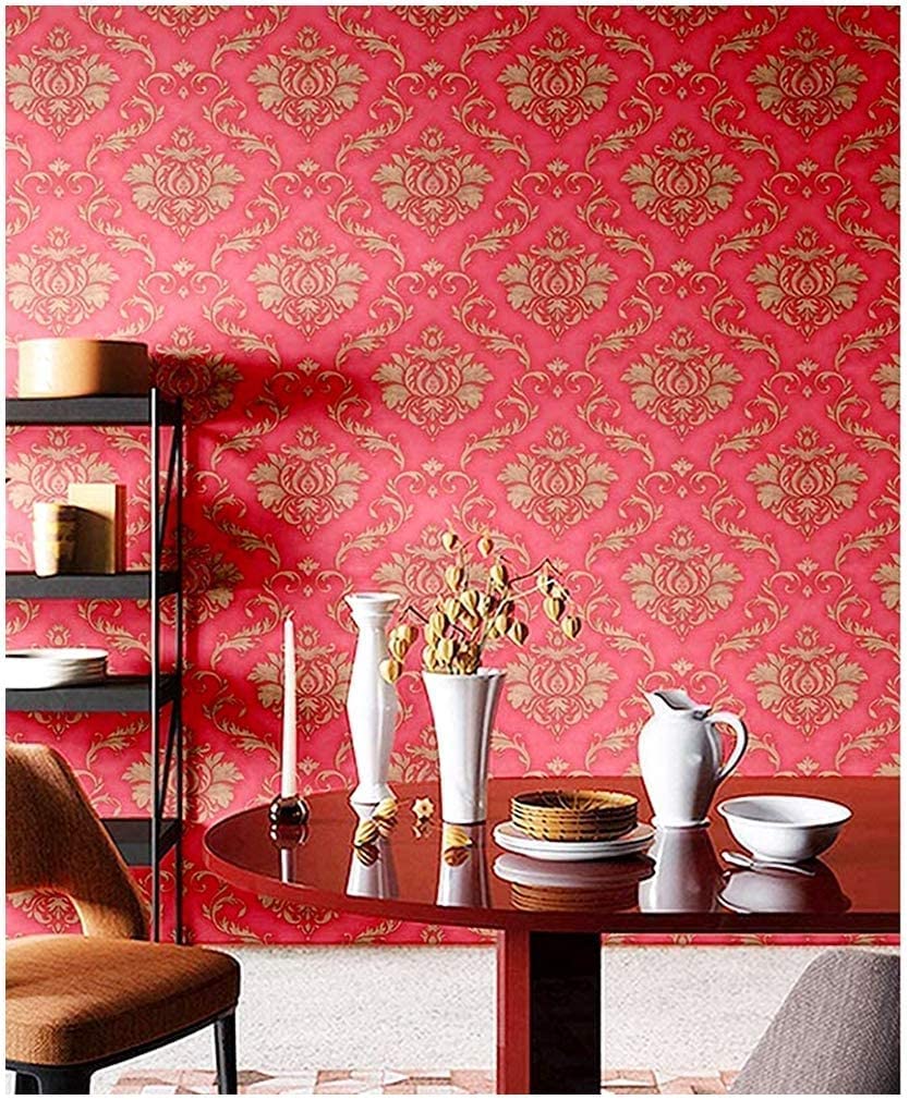 Eurotex Self Adhesive Wallpaper Damask Design Red Golden, Peel and Stick -45 x 300cm, (18in x118in) Eurotex