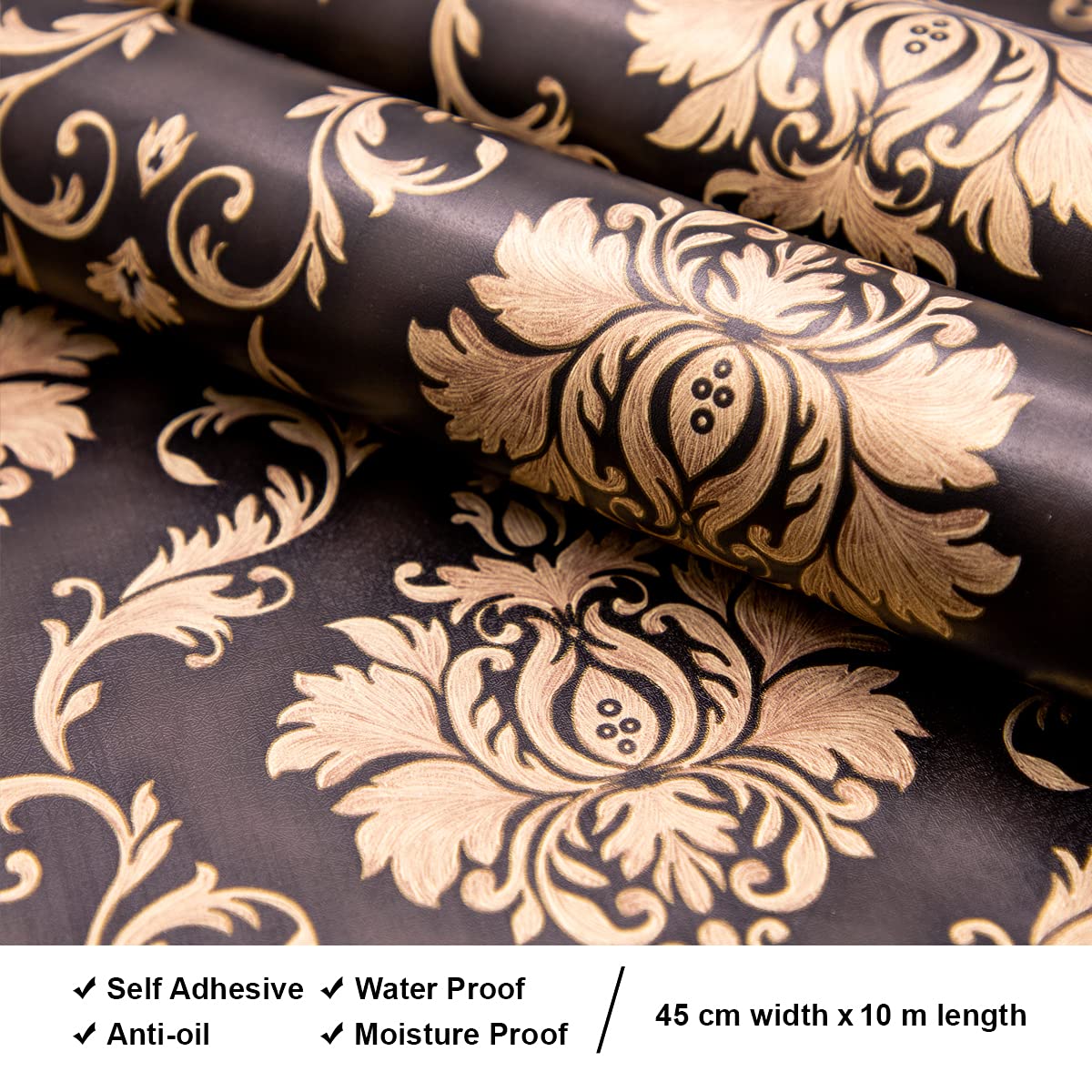 Eurotex Damask Design, Black Golden, Peel and Stick, Self Adhesive Wallpaper - (45 cm x 300cm) Eurotex