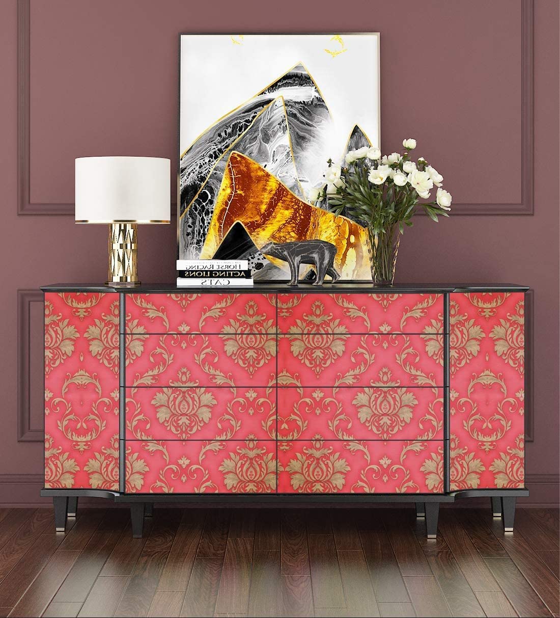 Eurotex Self Adhesive Wallpaper Damask Design Red Golden, Peel and Stick -45 x 300cm, (18in x118in) Eurotex