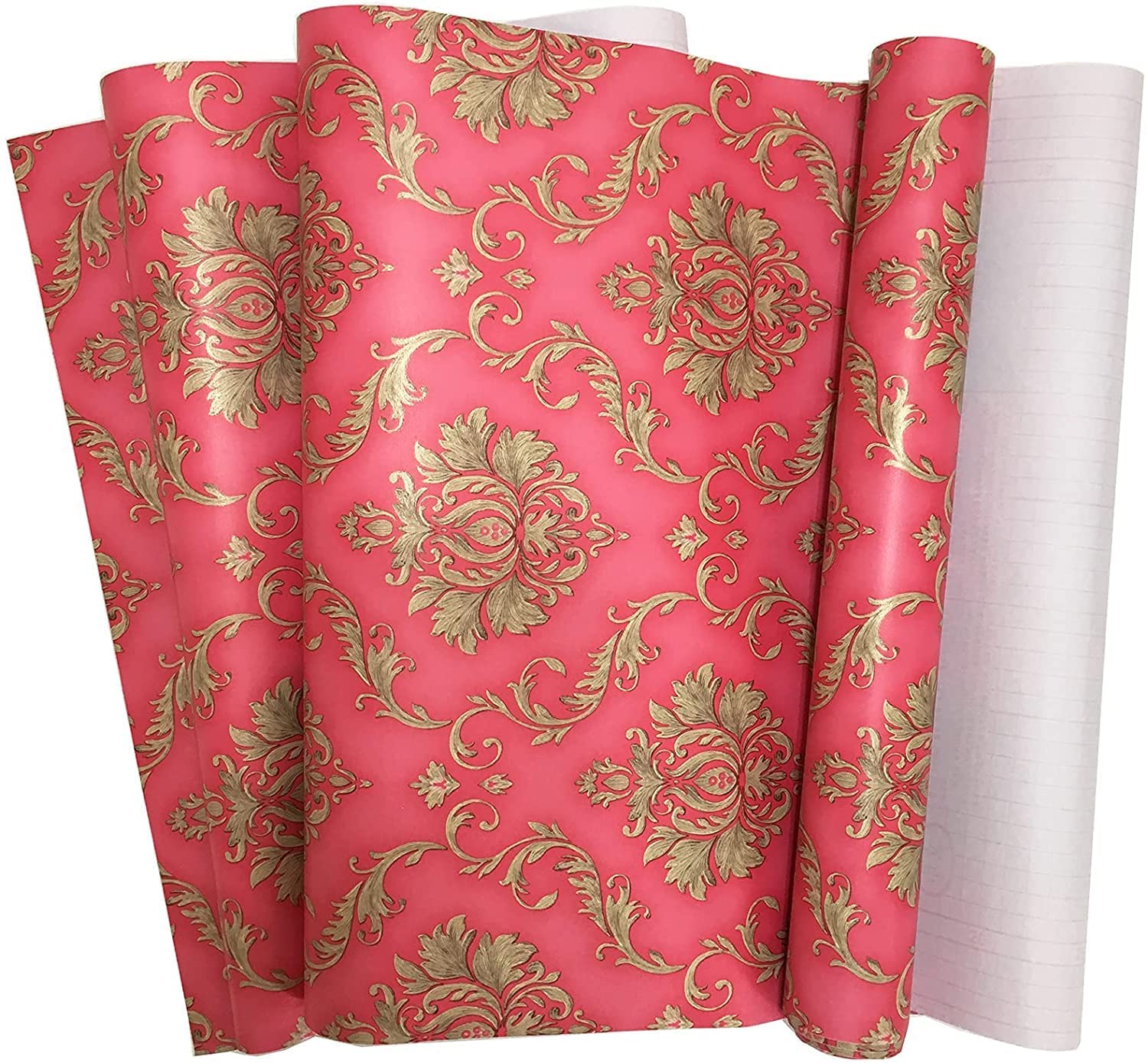 Eurotex Self Adhesive Wallpaper Damask Design Red Golden, Peel and Stick -45 x 300cm, (18in x118in) Eurotex
