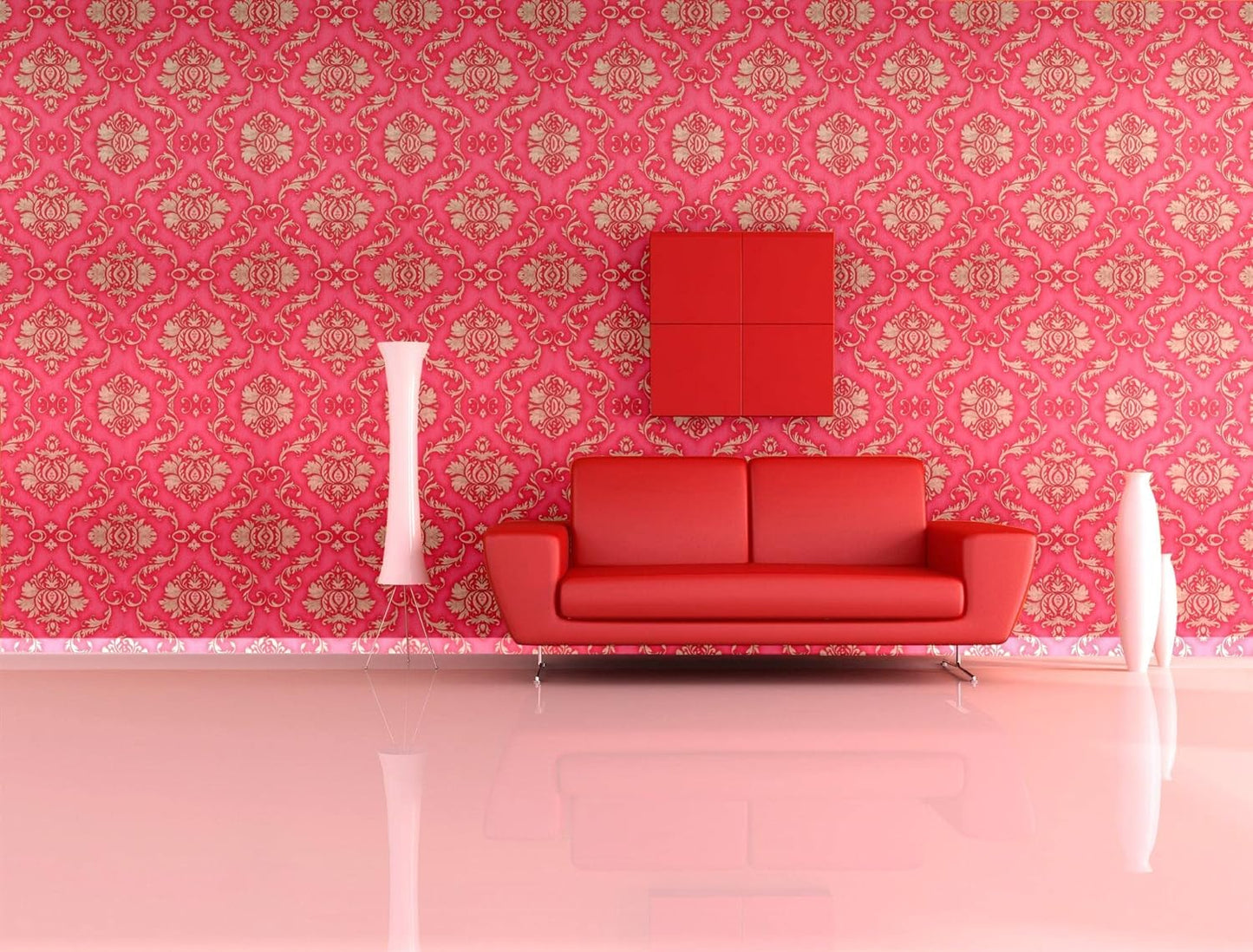 Eurotex Self Adhesive Wallpaper Damask Design Red Golden, Peel and Stick -45 x 300cm, (18in x118in) Eurotex