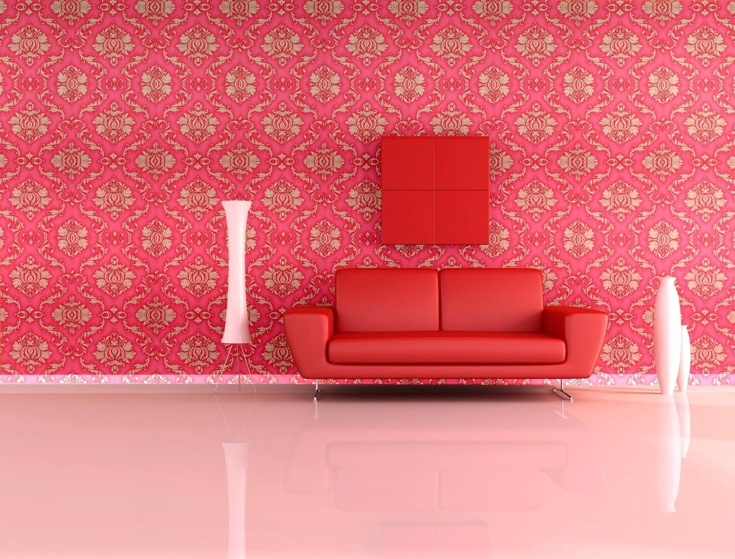 Eurotex Self Adhesive Wallpaper Damask Design Red Golden, Peel and Stick -45 x 300cm, (18in x118in) Eurotex