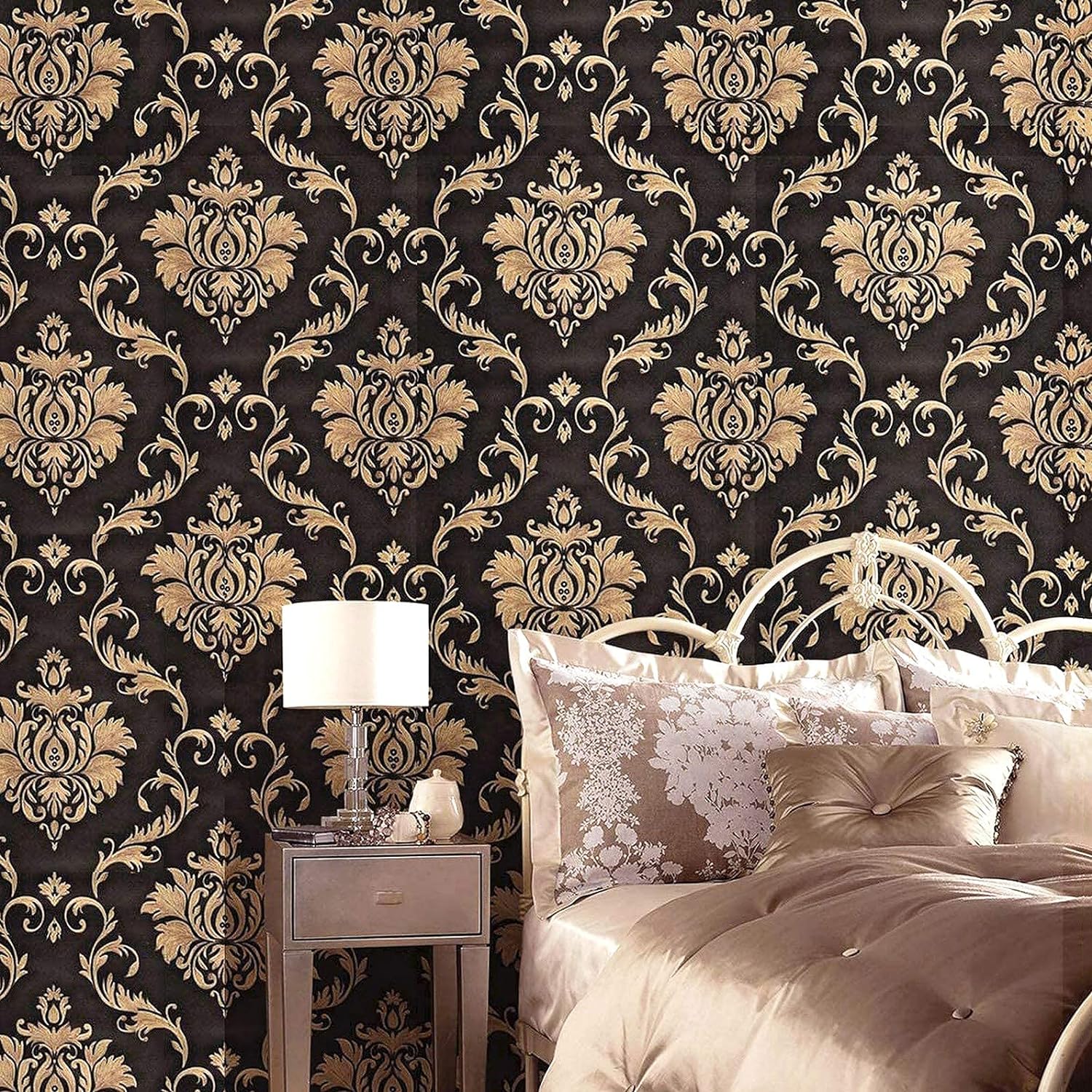 Eurotex Damask Design, Black Golden, Peel and Stick, Self Adhesive Wallpaper - (45 cm x 300cm) Eurotex