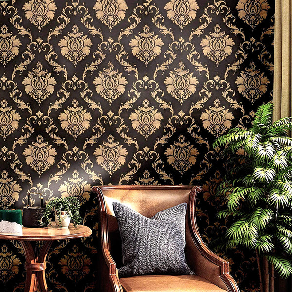 Eurotex Damask Design, Black Golden, Peel and Stick, Self Adhesive Wallpaper - (45 cm x 300cm)