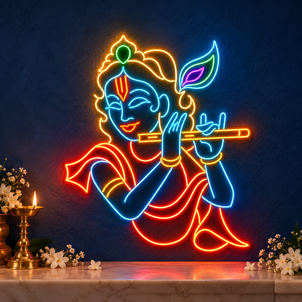 Bal Krishna Flute Neon Sign | Multicolour Krishna LED Wall Décor (30In x 36In)