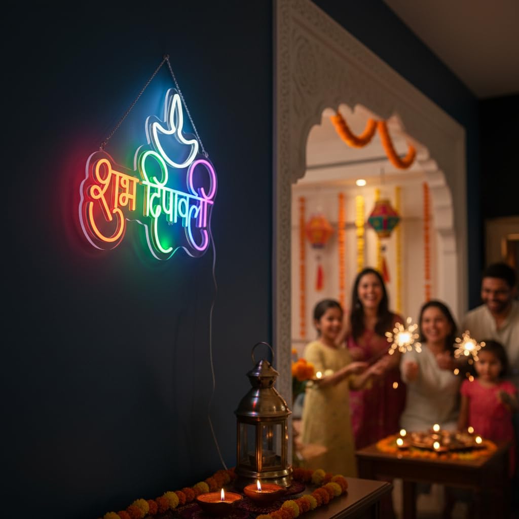 Eurotex Shubh Diwali Fabflo Neon Sign (RGB), Wall Decor, Neon Signs for room (Design-4)