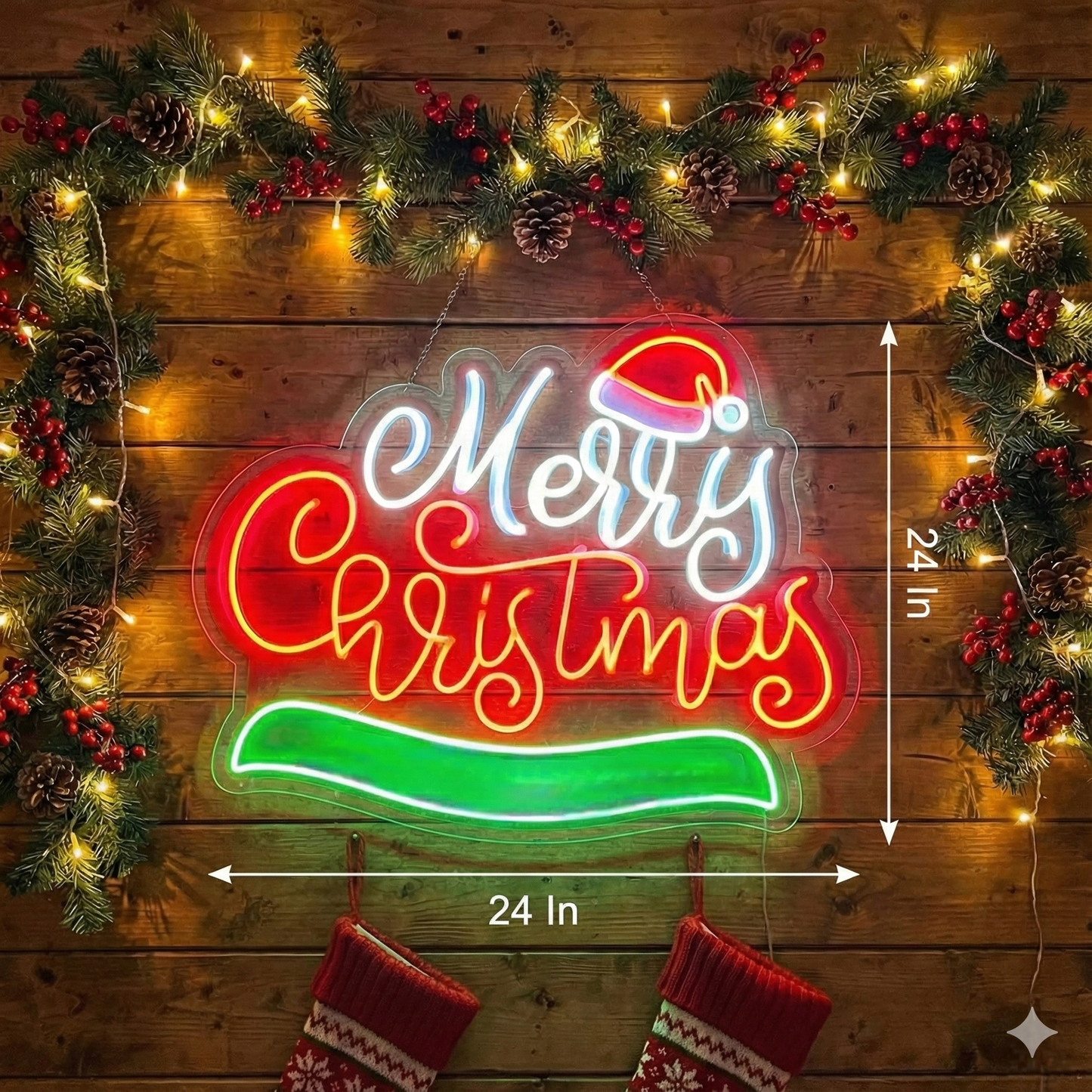 Merry Christmas WIth Cap Neon Sign | Custom Christmas Neon Signs (24In x 24In)