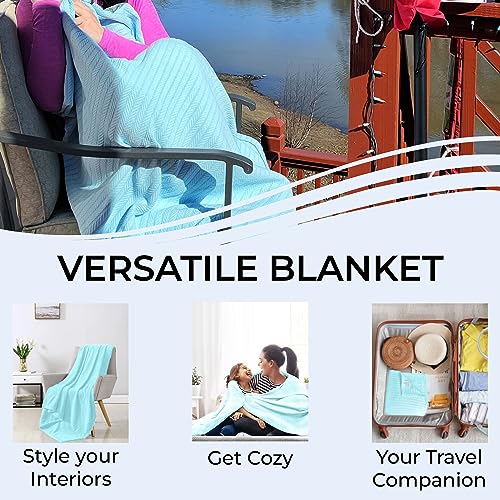 Eurotex Herringbone Cotton Blankets for Bed, 100% Cotton Blanket - Lite Blue Eurotex