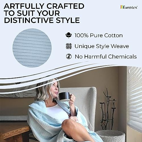 Eurotex Herringbone Cotton Blankets for Bed, 100% Cotton Blanket - Lite Blue Eurotex