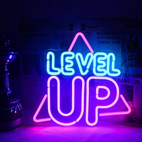 Level Up Neon Sign Custom Made | LED Gaming Room Light & Motivational Wall Decor