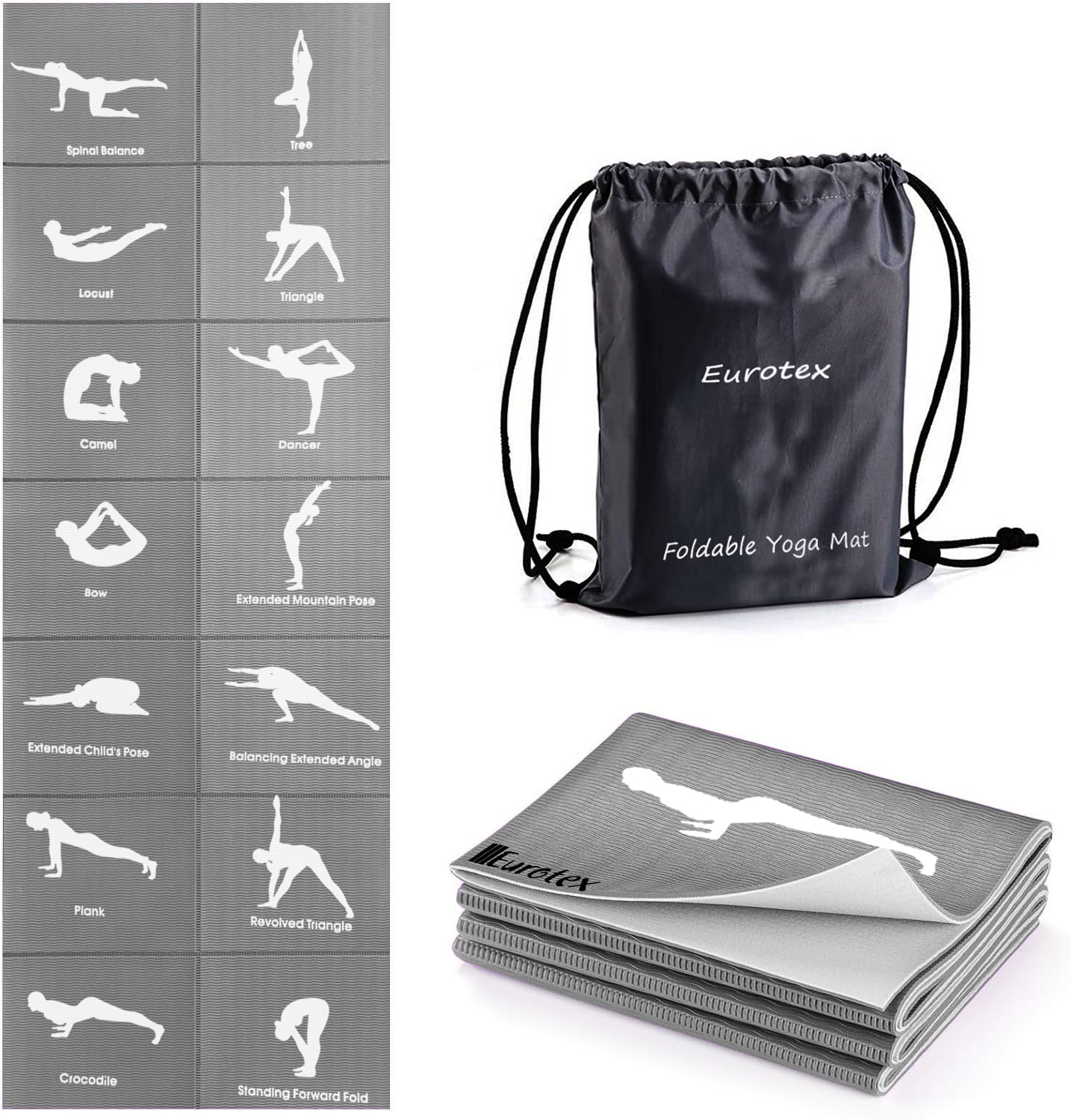 Yoga mat Portable Mat for Women/Men with Carry Bag by Eurotex Grey