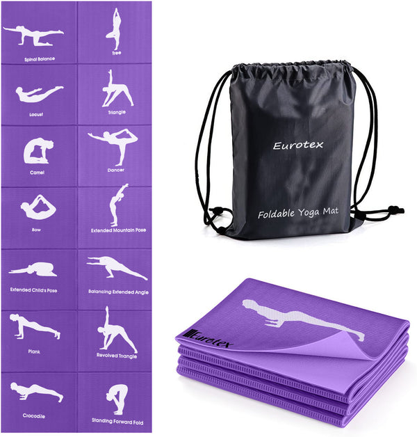 Eurotex Travel Yoga Mat, Foldable Portable Gym Mat for Women/Men with Carry Bag - Purple
