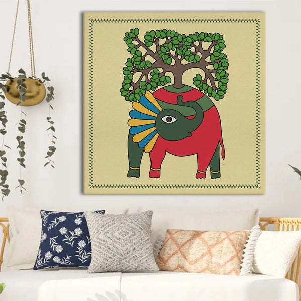 Tree On Elephant, Madhubani Painting, Framed Abstract Canvas Wall Art for Room