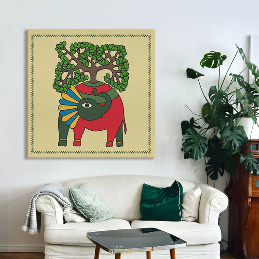 Tree On Elephant, Madhubani Painting, Framed Abstract Canvas Wall Art for Room Eurotex