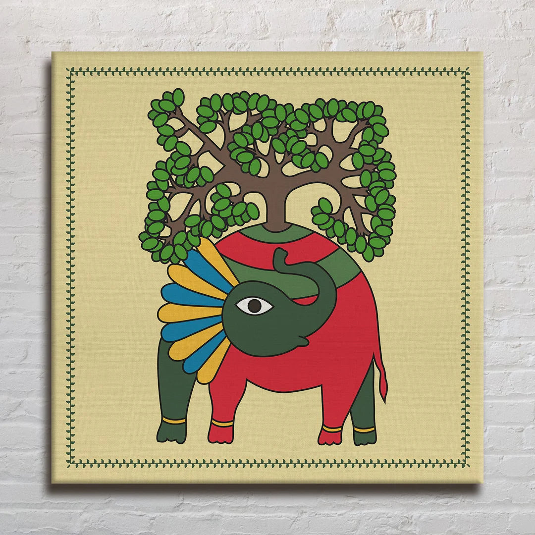 Tree On Elephant, Madhubani Painting, Framed Abstract Canvas Wall Art for Room Eurotex