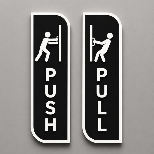 Black Push & Pull Door Sign Set Acrylic – Minimalist Vertical Door Plaques for Office, Retail Store, Cafe, Restaurant, Glass Door & Commercial Entrance