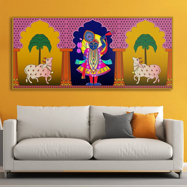 Shrinathji Pichwai Painting, Framed Abstract Canvas Wall Art for Living room