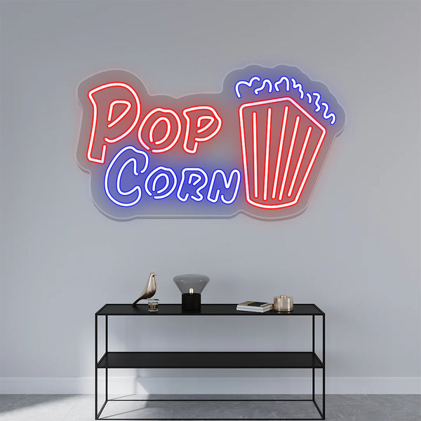 Popcorn red and blue neon sign | Affordable Custom Cafe Lights (36In x 24In)