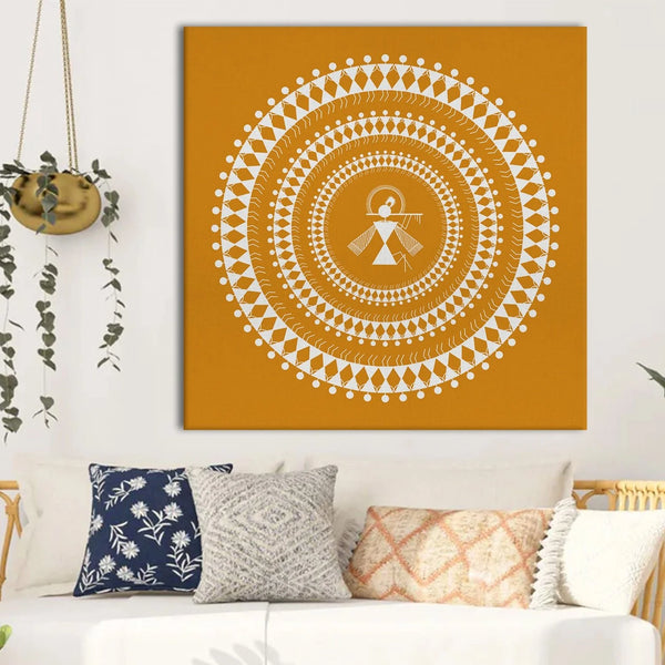 Golden Amber, Warli Art, Framed Abstract Canvas Wall Art for Bedroom