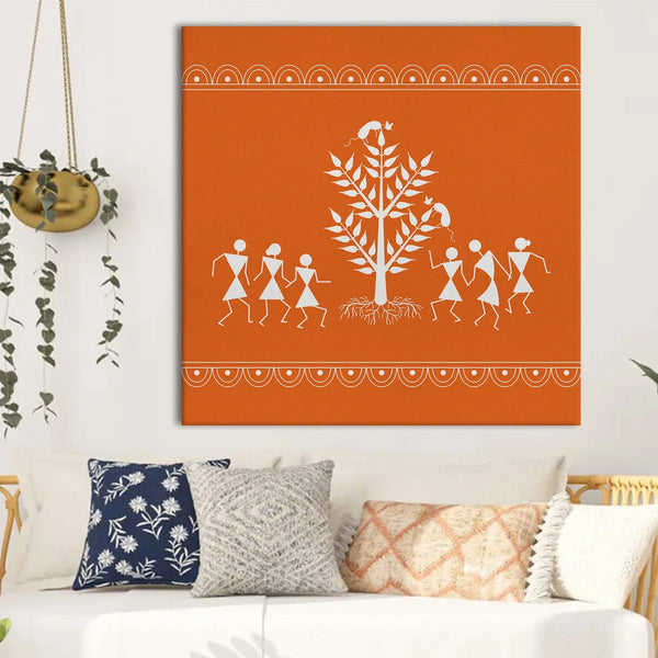 Burnt Orange, Warli Art, Framed Abstract Canvas Wall Art for Bedroom