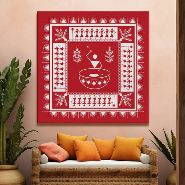 Red Painting, Warli Art, Framed Abstract Canvas Wall Art for Bedroom