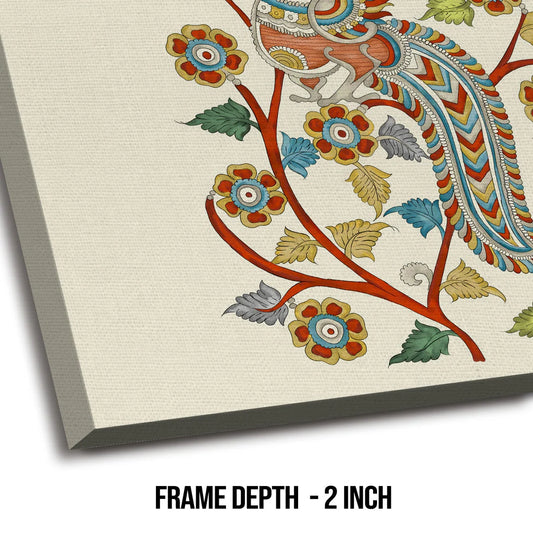 Beautiful Peacock, Kalamkari Art, Framed Abstract Canvas Wall Art for Bedroom