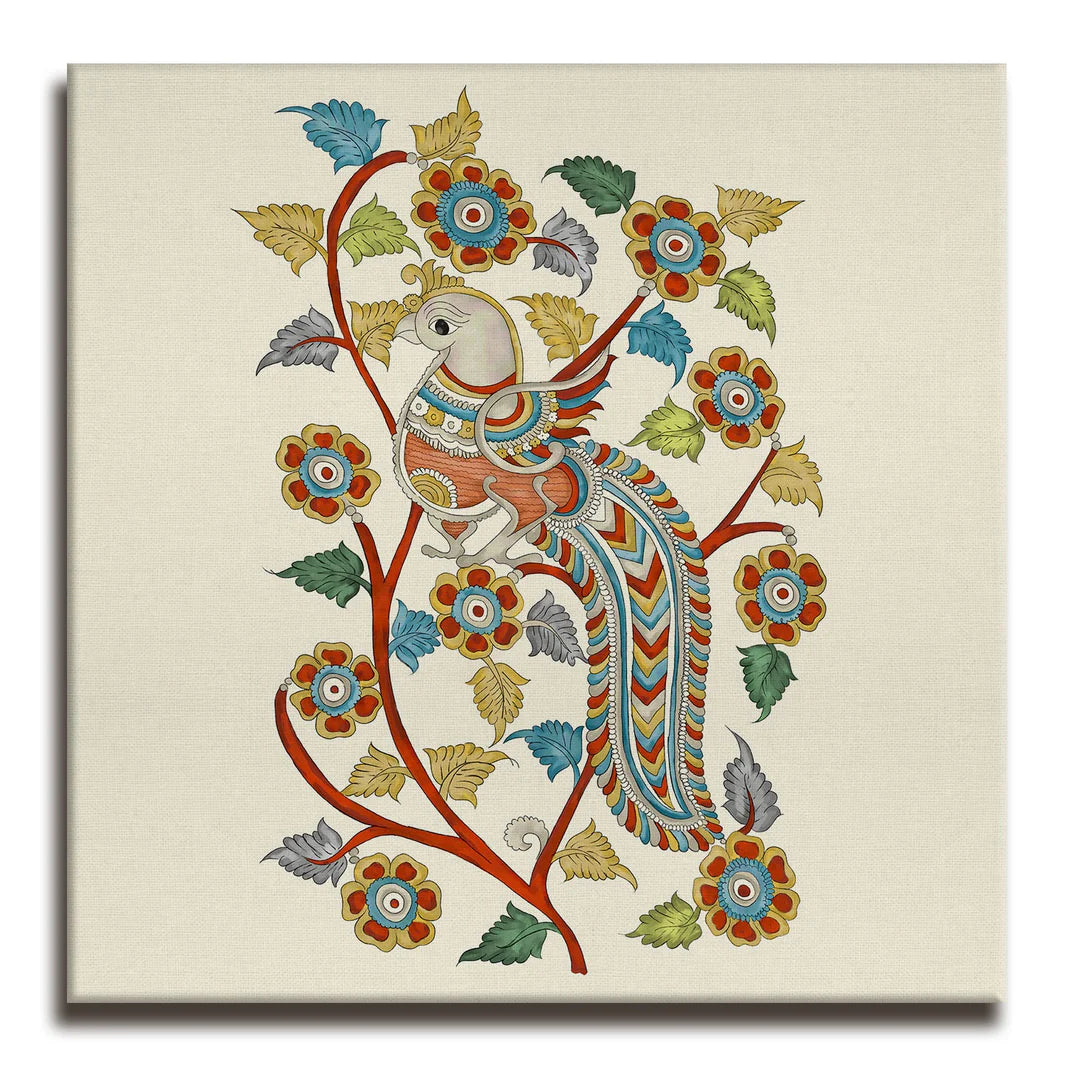 Beautiful Peacock, Kalamkari Art, Framed Abstract Canvas Wall Art for Bedroom