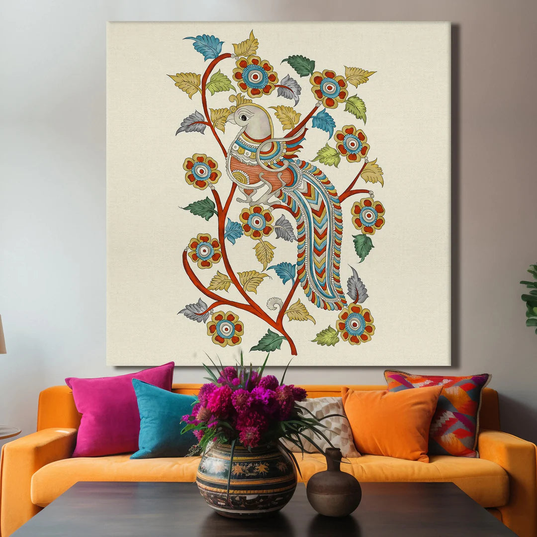 Beautiful Peacock, Kalamkari Art, Framed Abstract Canvas Wall Art for Bedroom