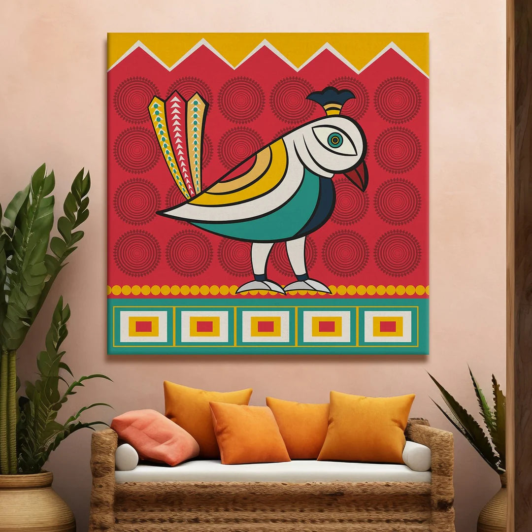 Beautiful Bird, Kalighat Art, Framed Abstract Canvas Wall Art for Bedroom