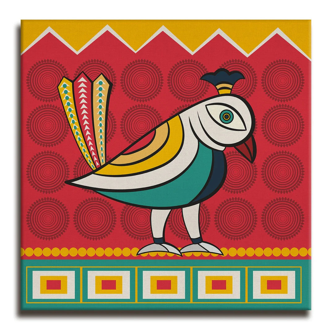 Beautiful Bird, Kalighat Art, Framed Abstract Canvas Wall Art for Bedroom
